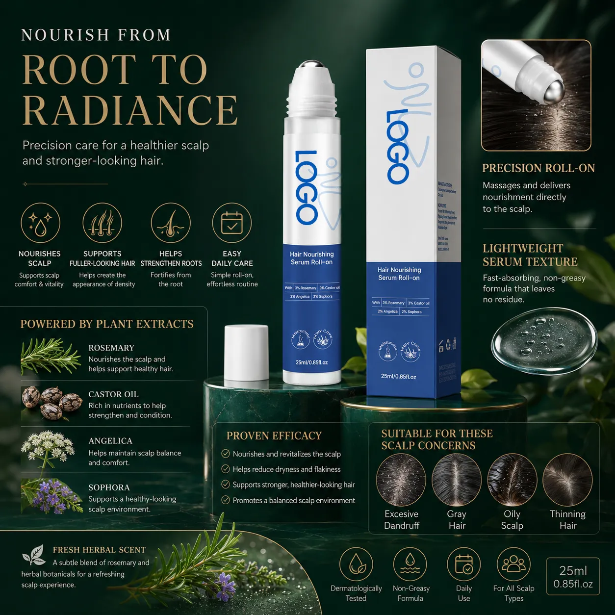 Rosemary Castor Oil Hair Nourishing Serum Roll-On for Scalp Care – OEM/ODM Custom Formula