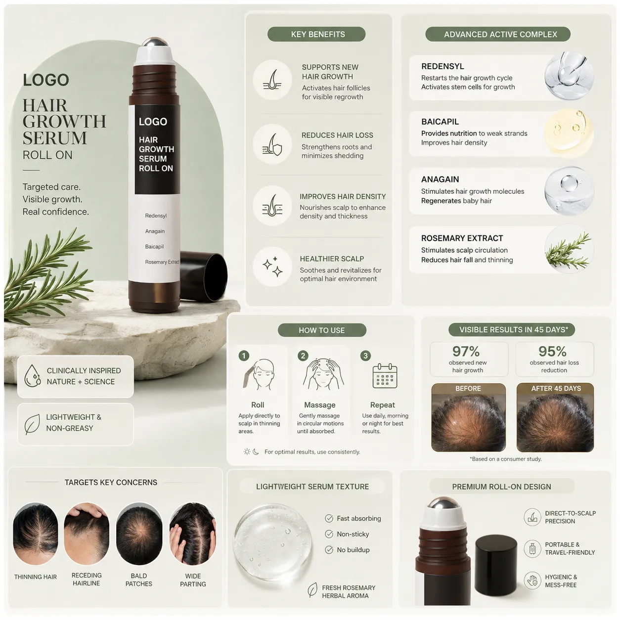 Hair Growth Serum Roll-On with Redensyl Anagain Baicapil & Rosemary Extract – OEM/ODM Custom Formula