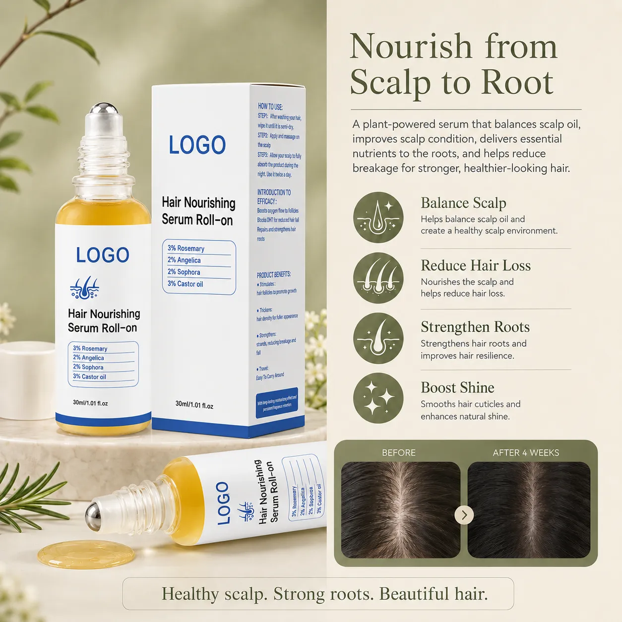 Rosemary Castor Oil Hair Nourishing Serum Roll-On for Scalp & Root Care – OEM/ODM Custom Formula