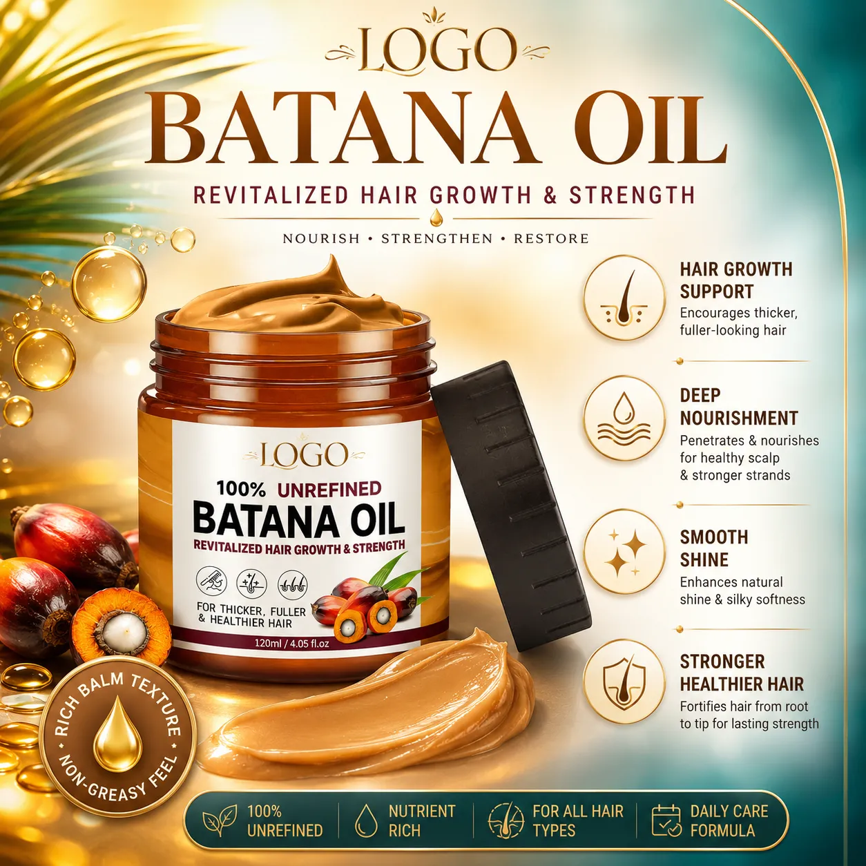 100% Unrefined Batana Oil Hair Balm for Hair Growth Care & Deep Conditioning