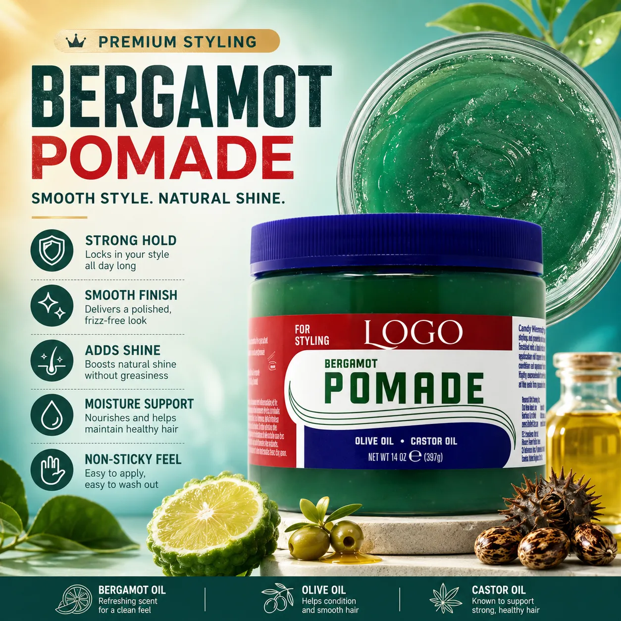 Bergamot Pomade Hair Styling Gel for Strong Hold Frizz Control & Shine – OEM/ODM Custom Formula