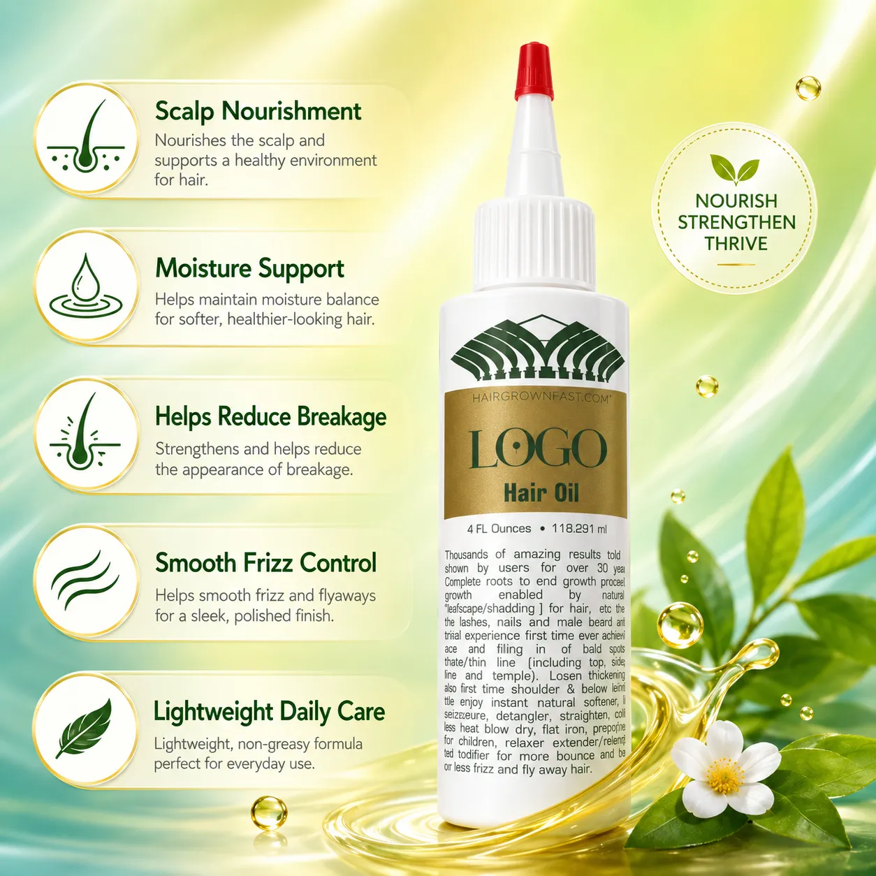 Lightweight Hair Growth Oil for Scalp Nourishment Breakage Support & Frizz Control – OEM/ODM Custom Hair Oil