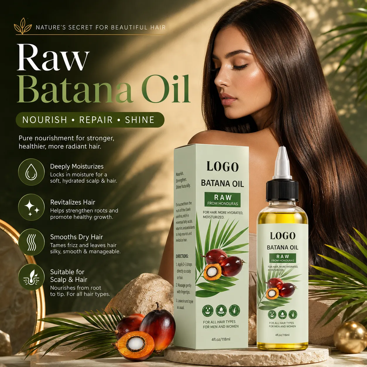 Private Label Raw Batana Oil from Honduras for Hair Growth Support & Scalp Care – 4oz / 118ml