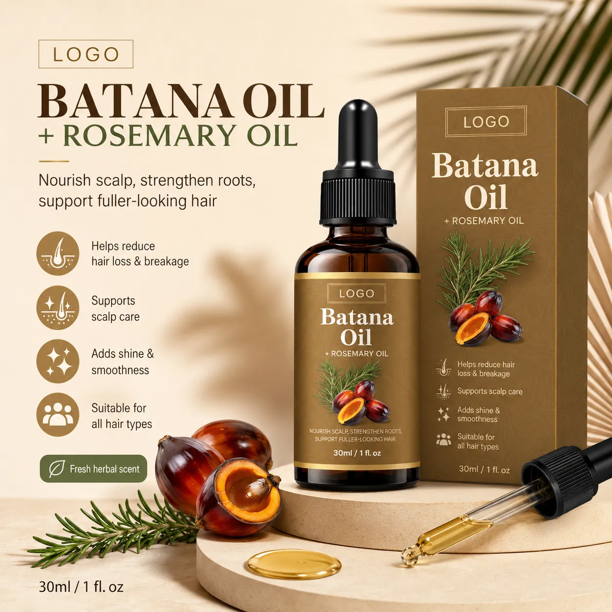 Private Label Batana Rosemary Oil for Scalp Care & Hair Growth Support – 30ml / 1 fl oz