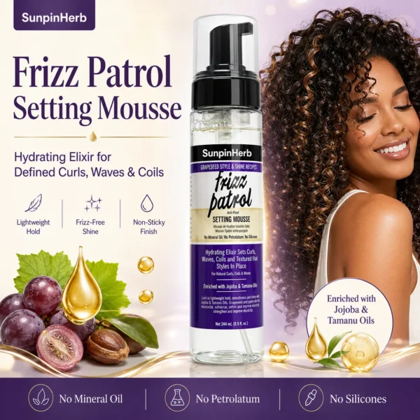 anti-poof setting mousse, frizz control mousse, private label curl mousse, OEM anti frizz foam, ODM setting mousse, natural hair setting mousse, grapeseed oil hair mousse, jojoba oil styling foam, tamanu oil hair care, curl defining mousse, textured hair foam, humidity control mousse, lightweight curl foam, private label hair mousse