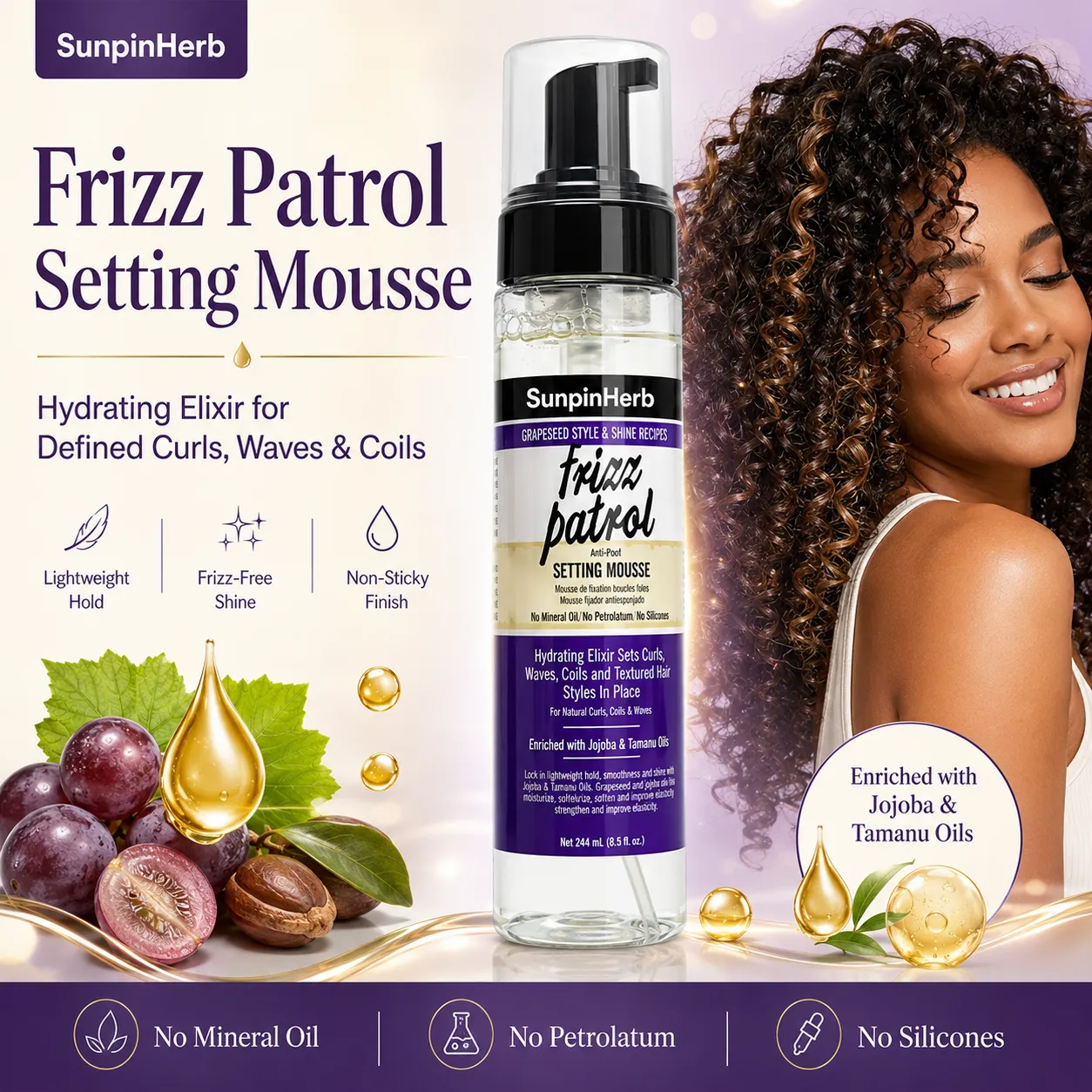 anti-poof setting mousse, frizz control mousse, private label curl mousse, OEM anti frizz foam, ODM setting mousse, natural hair setting mousse, grapeseed oil hair mousse, jojoba oil styling foam, tamanu oil hair care, curl defining mousse, textured hair foam, humidity control mousse, lightweight curl foam, private label hair mousse