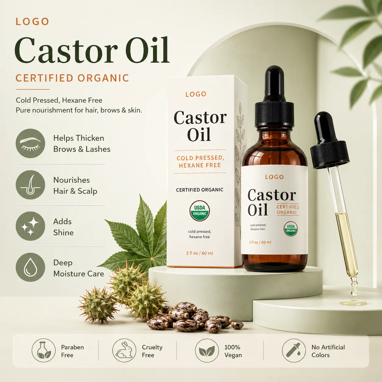 Private Label Organic Castor Oil for Hair Brows Lashes and Skin 60ml