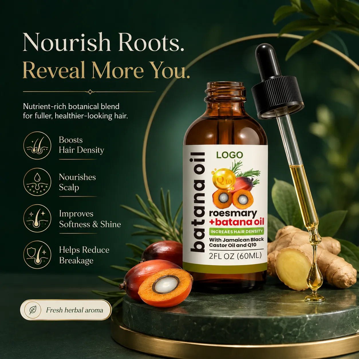 Private Label Rosemary Batana Hair Oil with Jamaican Black Castor Oil and Q10 60ml for Scalp Nourishing Care