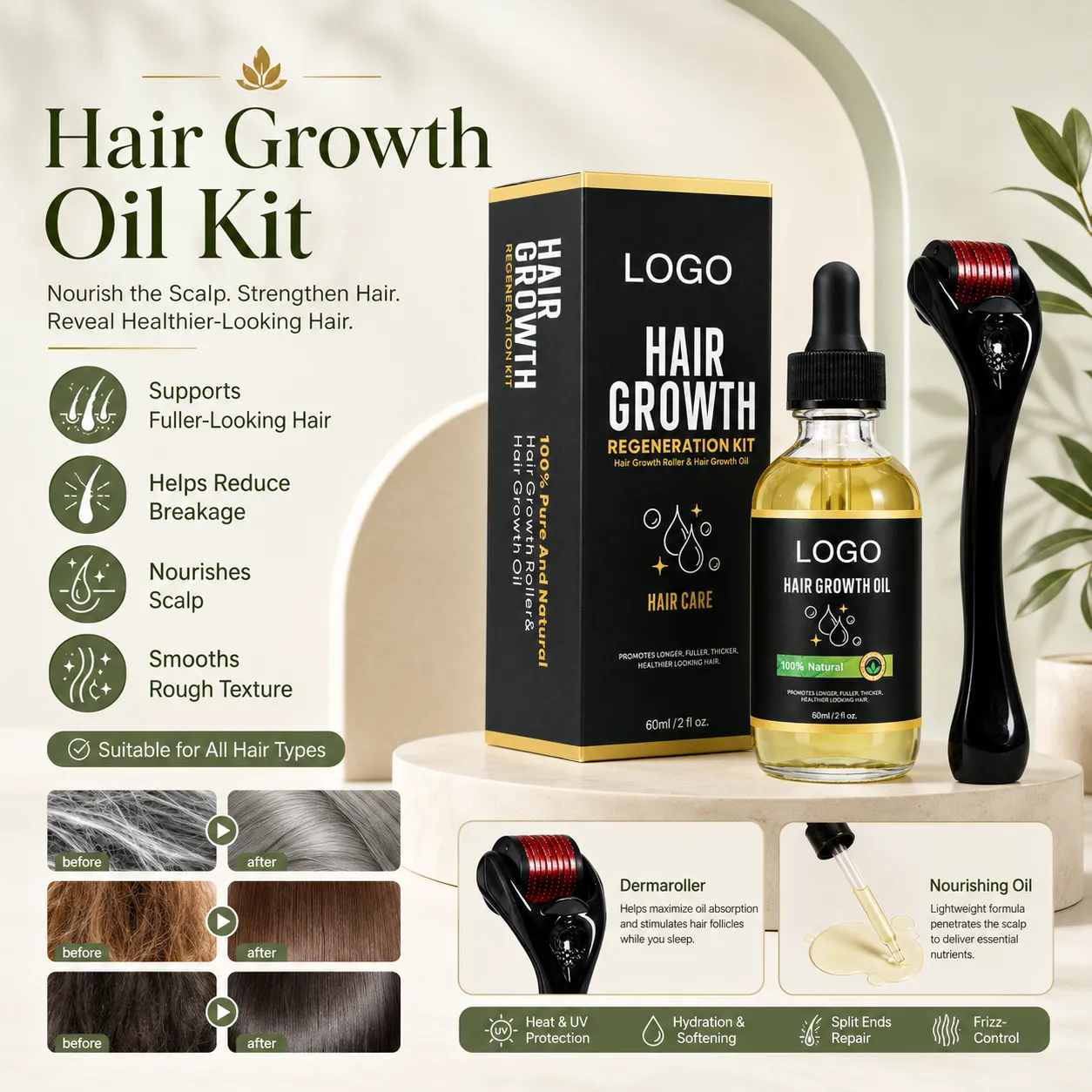 Private Label Hair Growth Oil Kit with Dermaroller 60ml Botanical Scalp Oil Set for Fuller-Looking Hair