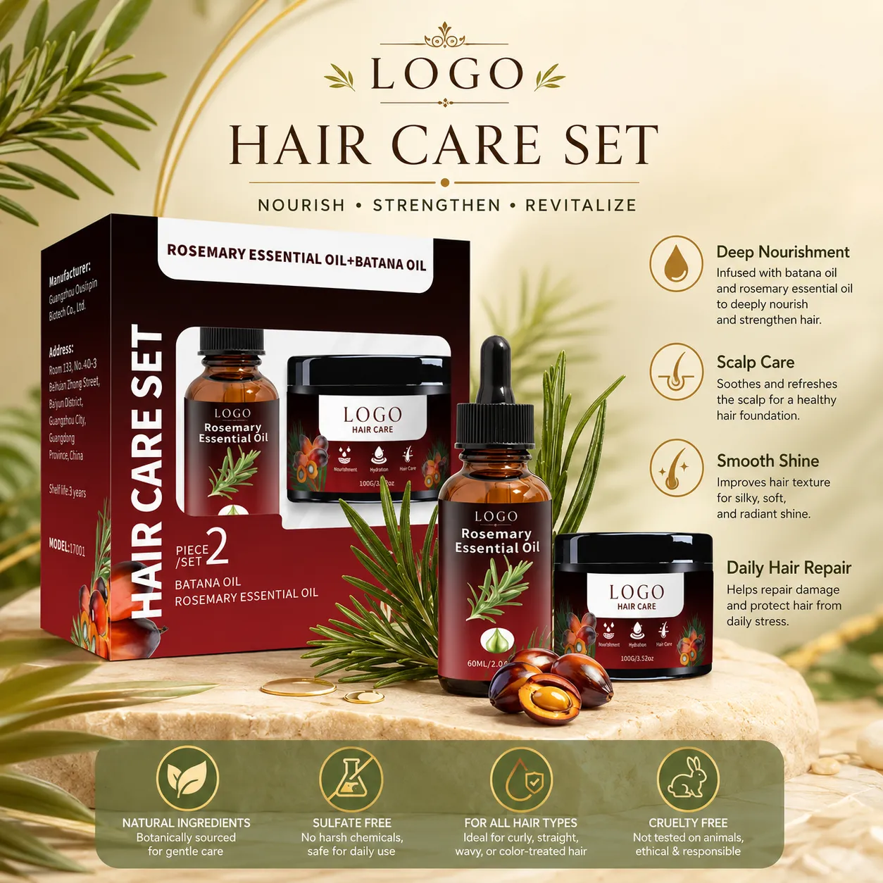 Private Label Rosemary Batana Hair Care Set 60ml Essential Oil and 100g Cream for Scalp Nourishing Hair Growth Care