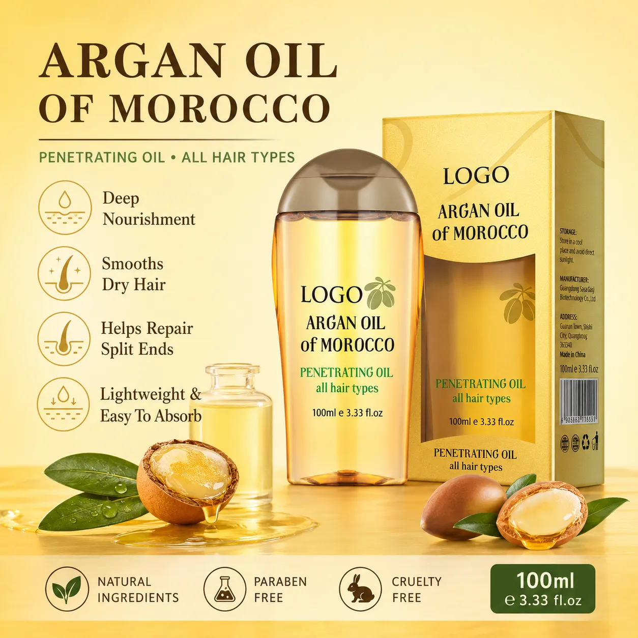 Private Label Argan Oil of Morocco Penetrating Hair Oil 100ml for Dry Frizzy Hair Smoothing Care