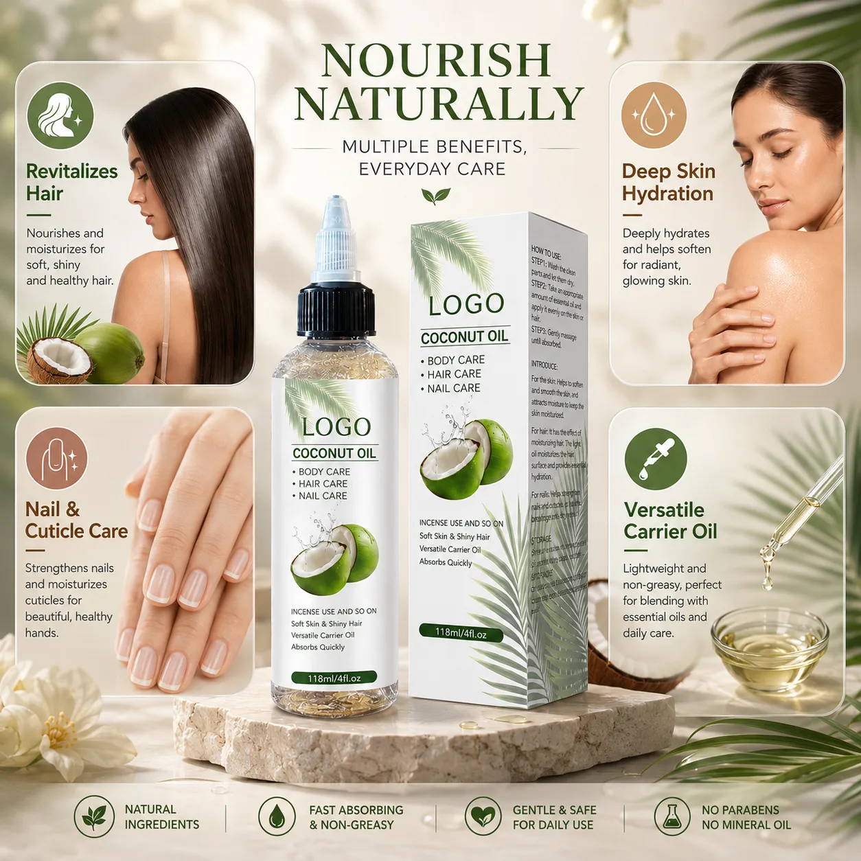 Private Label Coconut Oil Hair Skin Nail Care Oil 118ml Lightweight Non Greasy Multi Purpose Body Hair Oil
