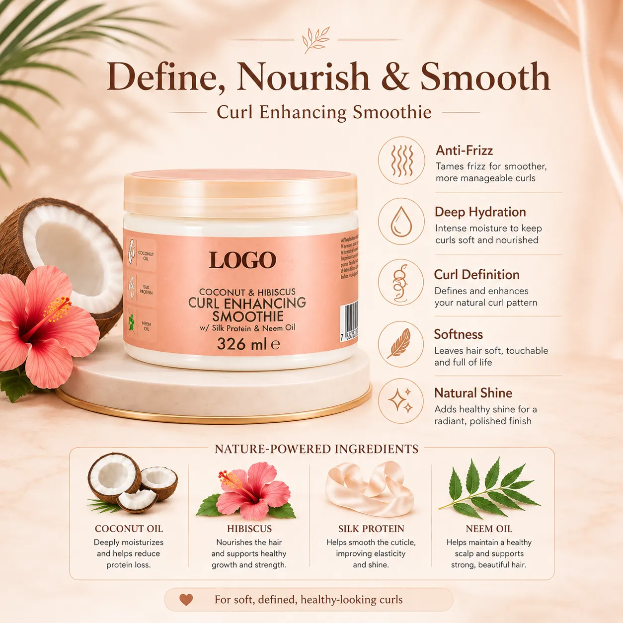 Private Label Coconut & Hibiscus Curl Enhancing Smoothie 326 mL