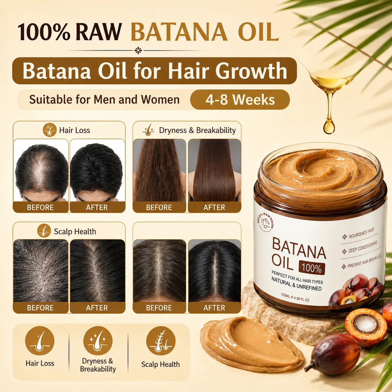 100% Raw Batana Oil Hair Treatment Cream for Hair Growth Care