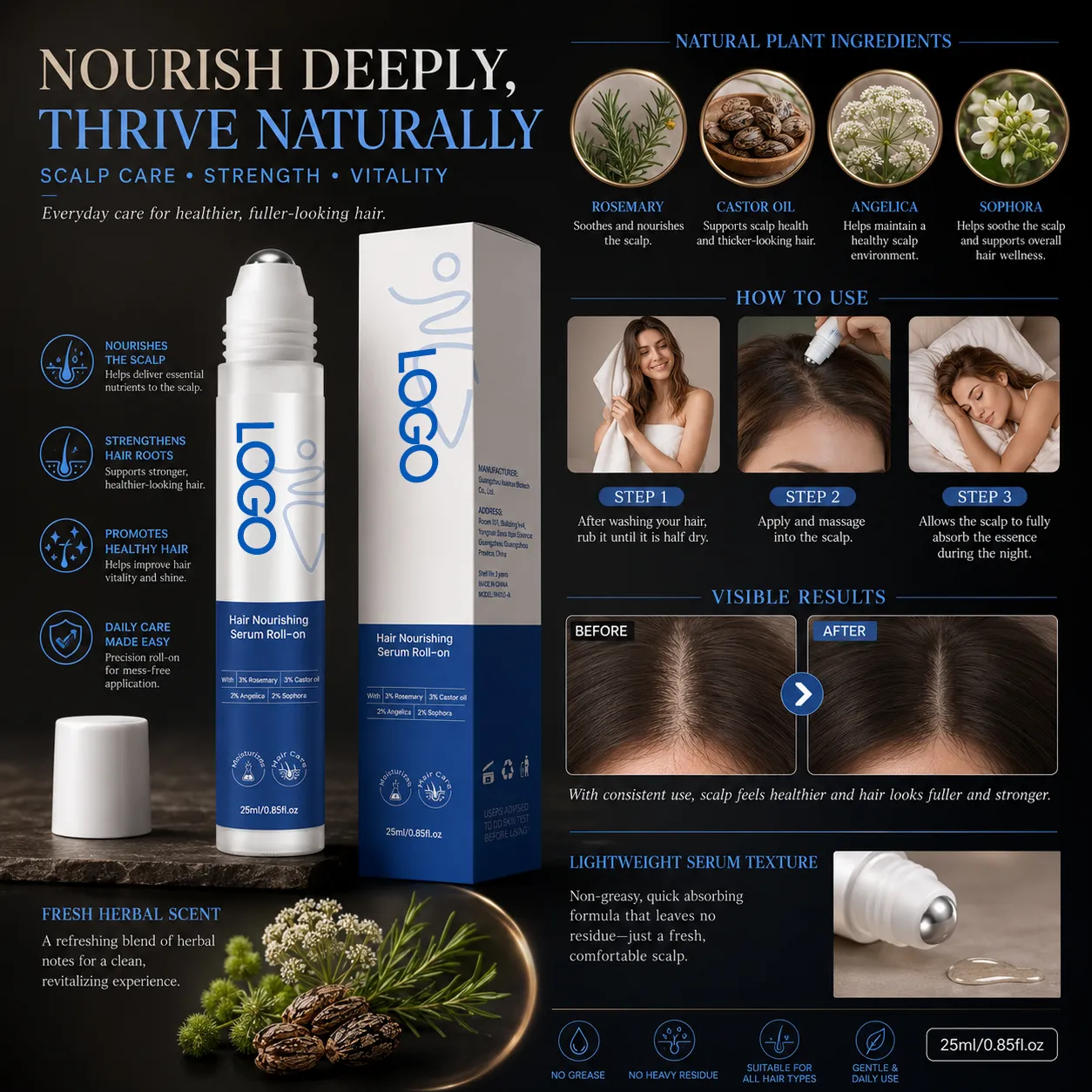 Rosemary Castor Oil Hair Nourishing Serum Roll-On for Scalp Care – OEM/ODM Custom Formula