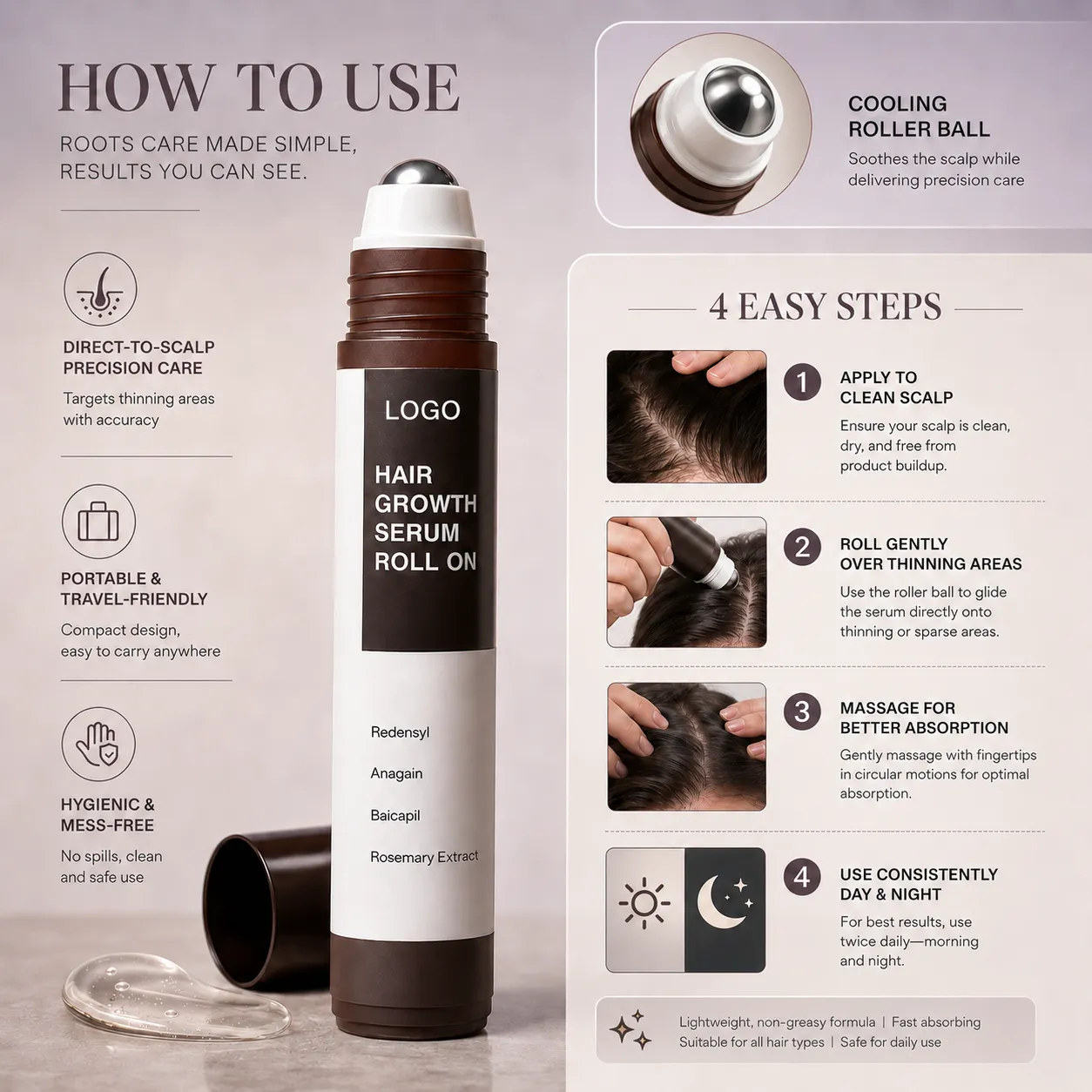 Hair Growth Serum Roll-On with Redensyl Anagain Baicapil & Rosemary Extract – OEM/ODM Custom Formula