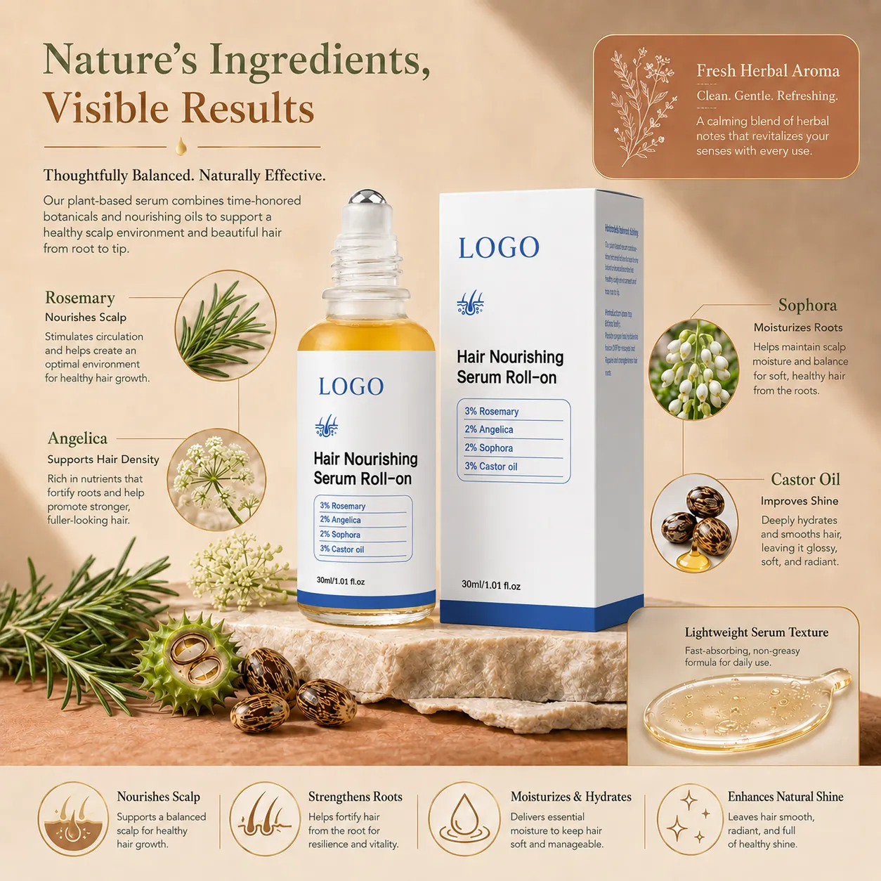 Rosemary Castor Oil Hair Nourishing Serum Roll-On for Scalp & Root Care – OEM/ODM Custom Formula