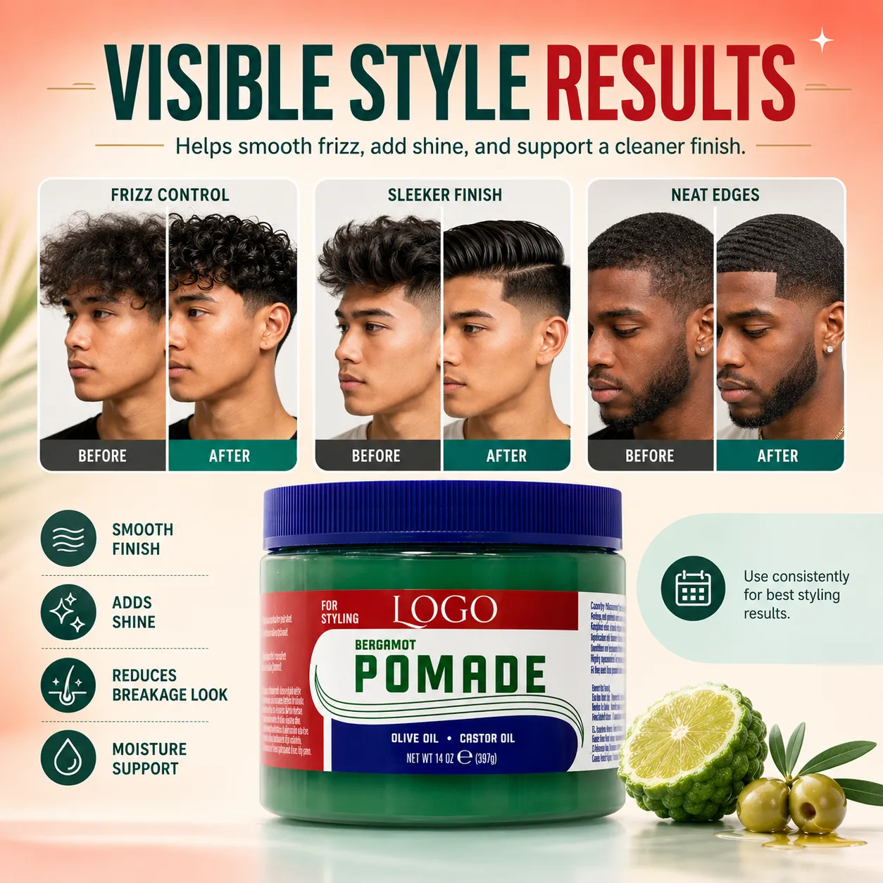 Bergamot Pomade Hair Styling Gel for Strong Hold Frizz Control & Shine – OEM/ODM Custom Formula