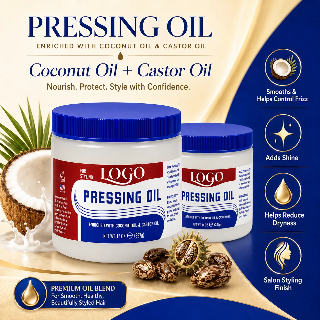 Coconut & Castor Oil Pressing Oil Hair Styling Cream for Smooth Sleek Shine – OEM/ODM Custom Formula
