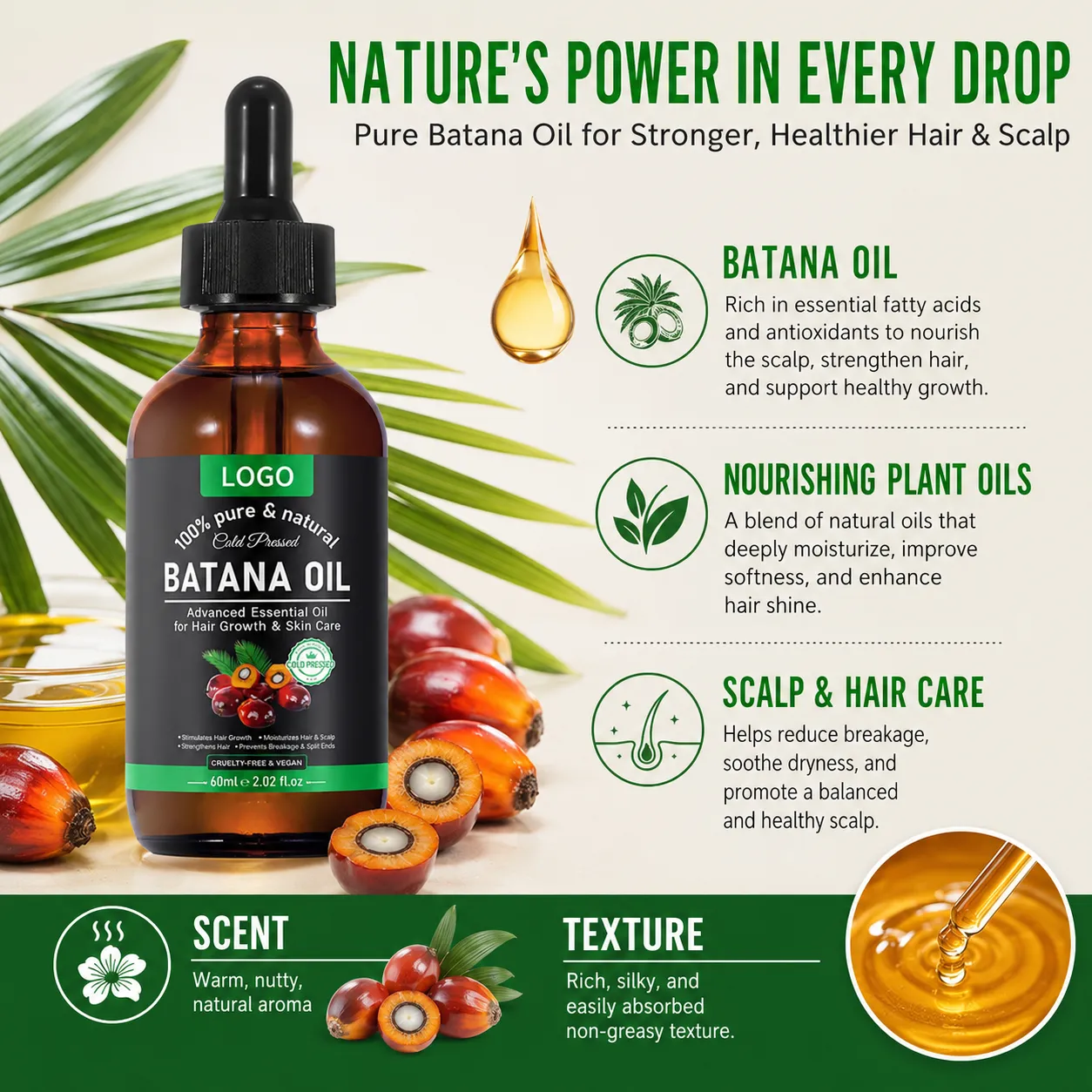 Private Label Batana Oil for Hair Growth Support & Scalp Care – 60ml Cold Pressed Hair & Skin Oil