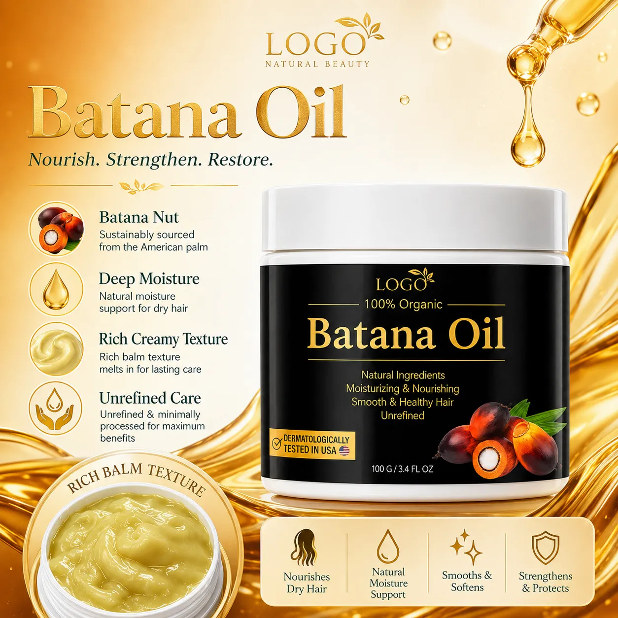 Private Label Batana Oil Hair Butter Treatment Balm for Dry & Damaged Hair – 100g / 3.4 fl oz