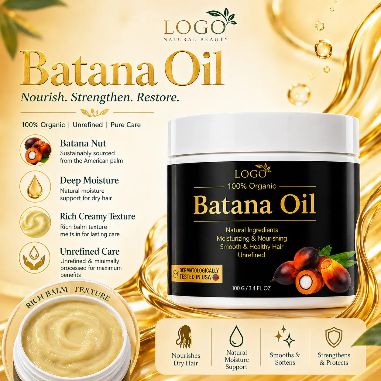 Private Label Organic Batana Oil Hair Butter Balm for Dry Damaged Hair 100g