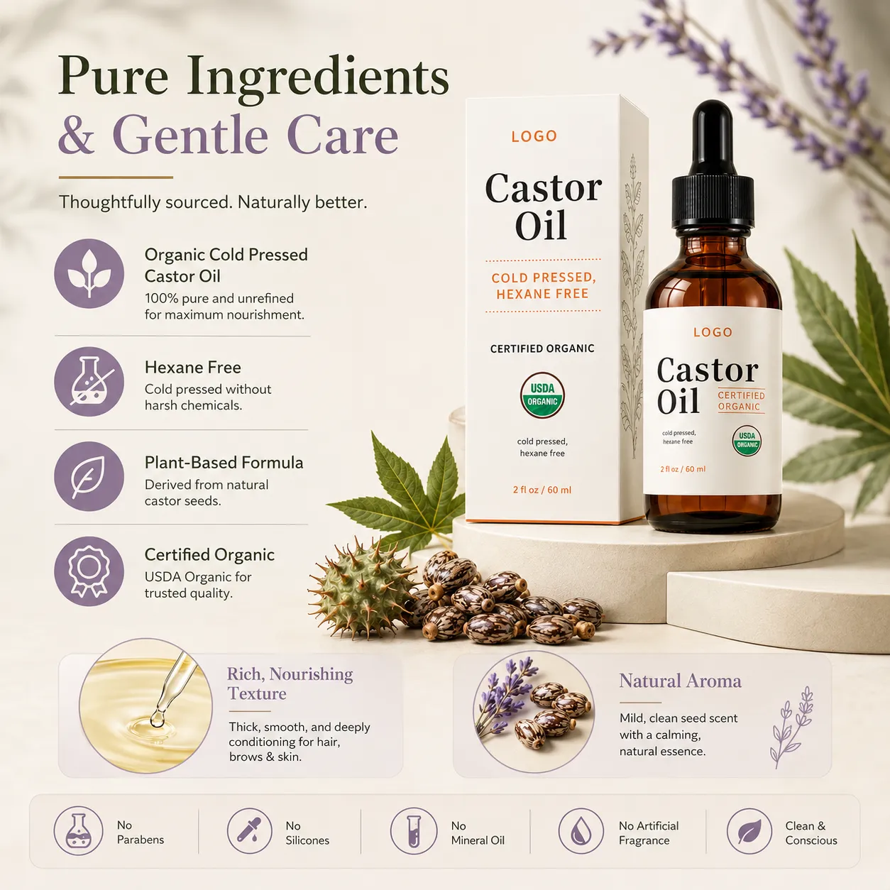 Private Label Organic Castor Oil for Hair Brows Lashes and Skin 60ml