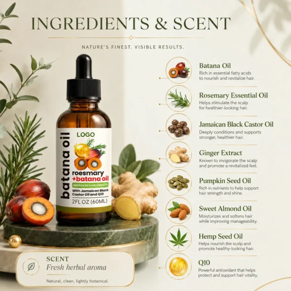 Private Label Rosemary Batana Hair Oil with Jamaican Black Castor Oil and Q10 60ml for Scalp Nourishing Care