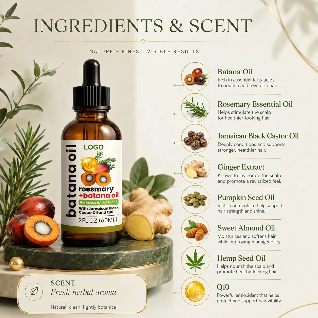 Private Label Rosemary Batana Hair Oil with Jamaican Black Castor Oil and Q10 60ml for Scalp Nourishing Care