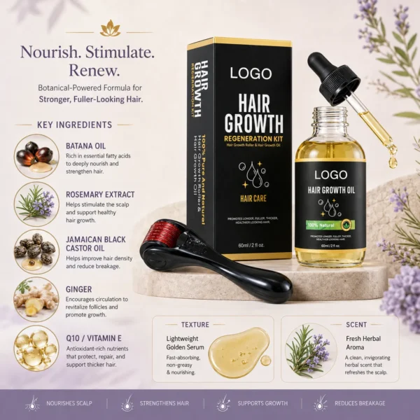 Private Label Hair Growth Oil Kit with Dermaroller 60ml Botanical Scalp Oil Set for Fuller-Looking Hair