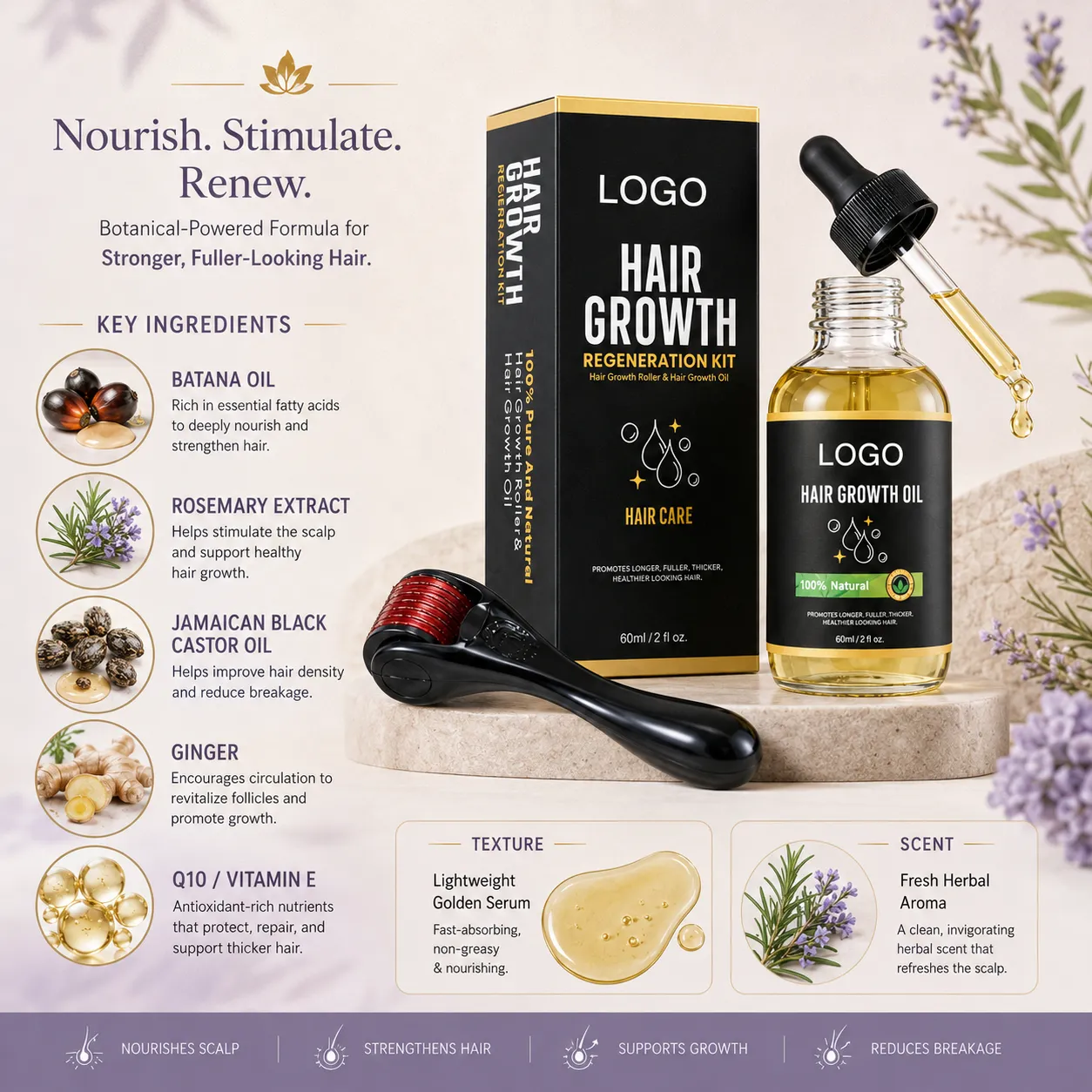Private Label Hair Growth Oil Kit with Dermaroller 60ml Botanical Scalp Oil Set for Fuller-Looking Hair