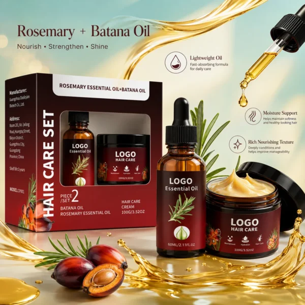 Private Label Rosemary Batana Hair Care Set 60ml Essential Oil and 100g Cream for Scalp Nourishing Hair Growth Care