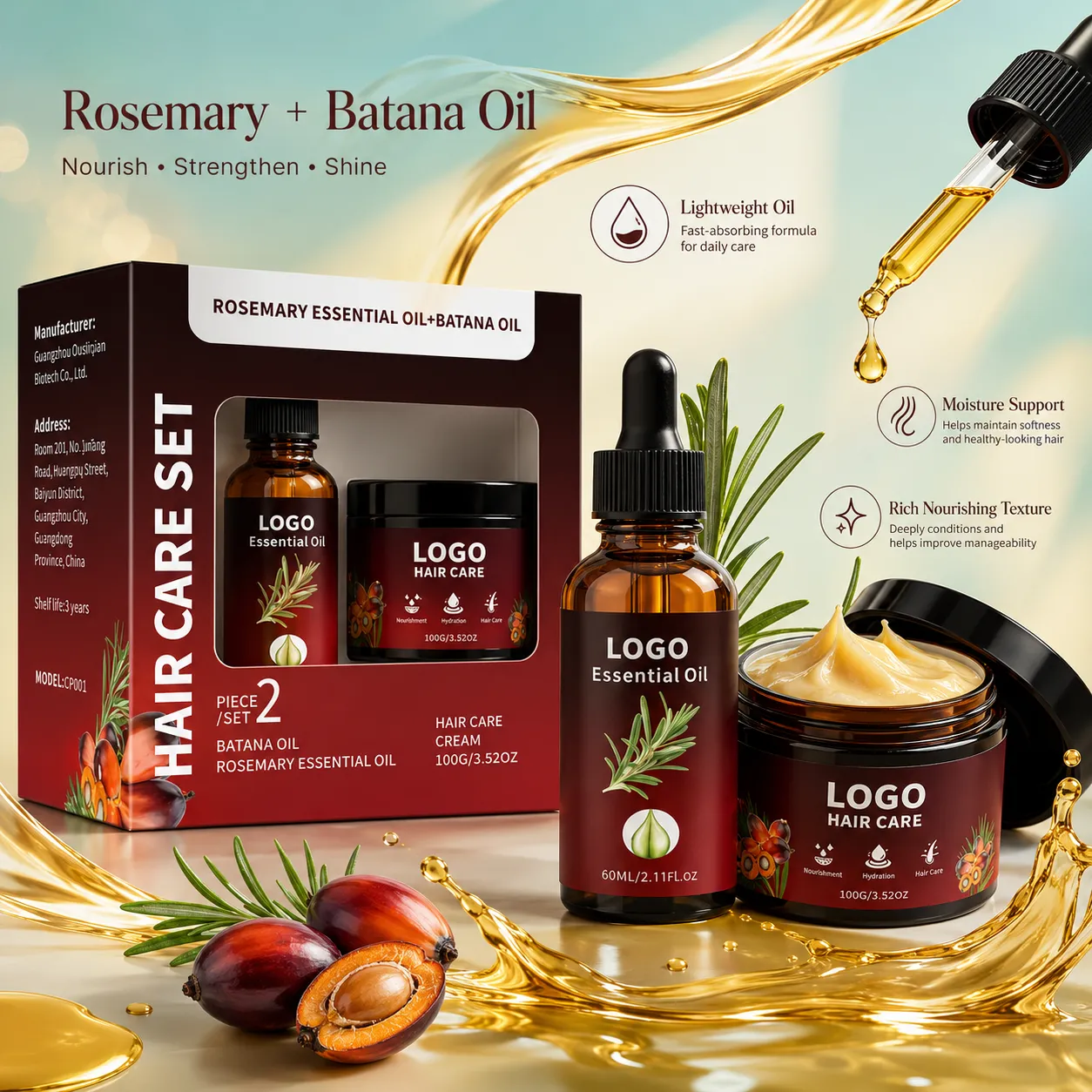 Private Label Rosemary Batana Hair Care Set 60ml Essential Oil and 100g Cream for Scalp Nourishing Hair Growth Care