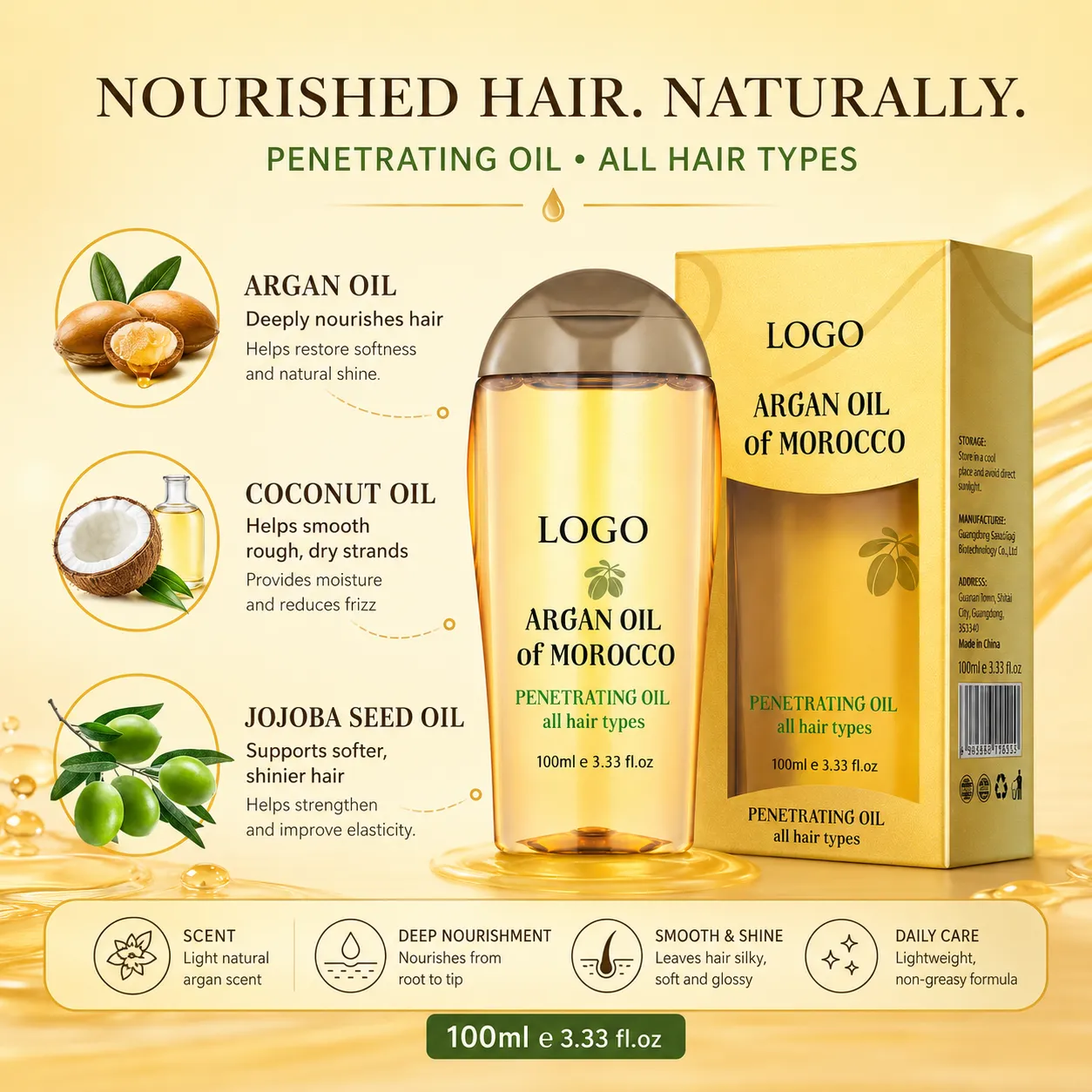 Private Label Argan Oil of Morocco Penetrating Hair Oil 100ml for Dry Frizzy Hair Smoothing Care