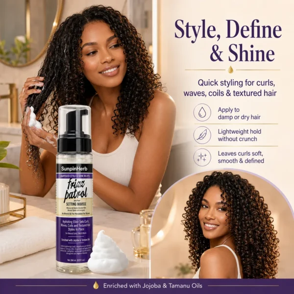 anti-poof setting mousse, frizz control mousse, private label curl mousse, OEM anti frizz foam, ODM setting mousse, natural hair setting mousse, grapeseed oil hair mousse, jojoba oil styling foam, tamanu oil hair care, curl defining mousse, textured hair foam, humidity control mousse, lightweight curl foam, private label hair mousse