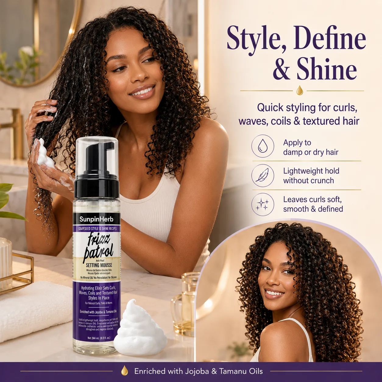 anti-poof setting mousse, frizz control mousse, private label curl mousse, OEM anti frizz foam, ODM setting mousse, natural hair setting mousse, grapeseed oil hair mousse, jojoba oil styling foam, tamanu oil hair care, curl defining mousse, textured hair foam, humidity control mousse, lightweight curl foam, private label hair mousse