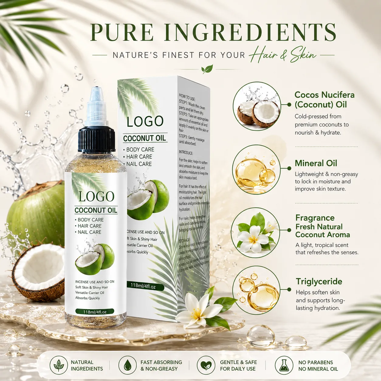 Private Label Coconut Oil Hair Skin Nail Care Oil 118ml Lightweight Non Greasy Multi Purpose Body Hair Oil