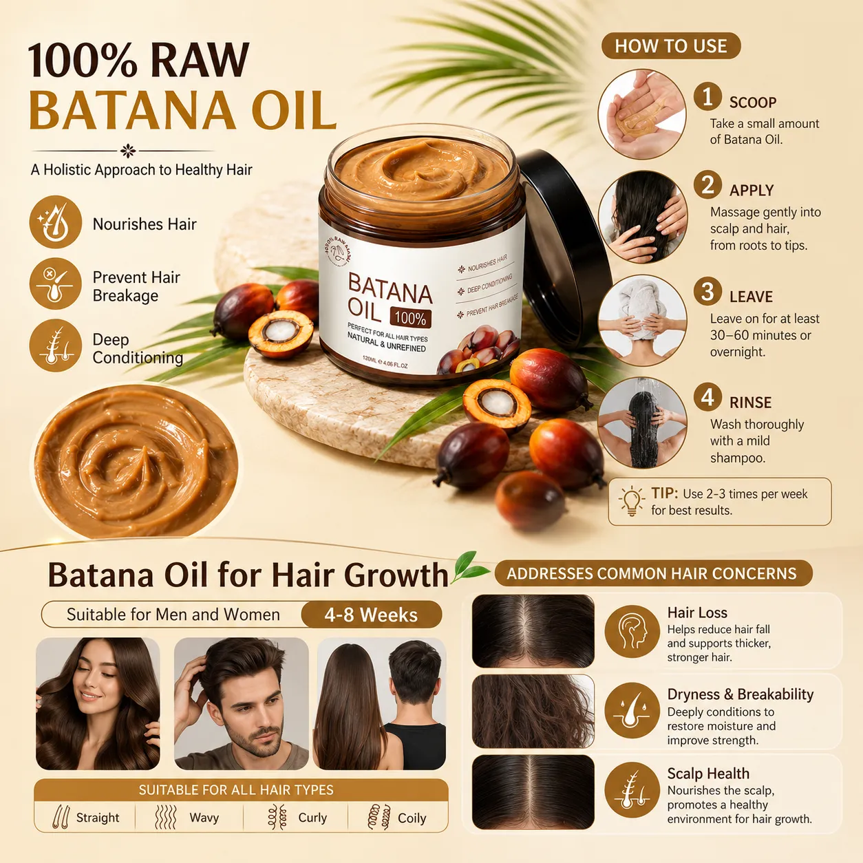 100% Raw Batana Oil Hair Treatment Cream for Hair Growth Care