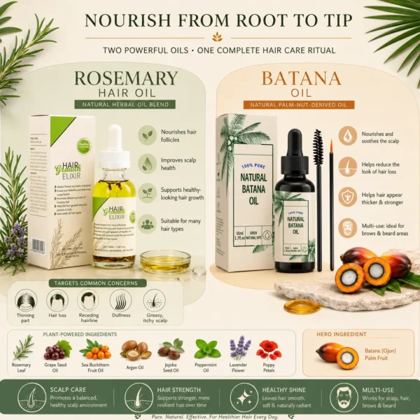 Rosemary Hair Growth Elixir & Natural Batana Oil Set for Scalp Brows Beard – OEM/ODM Custom Formula