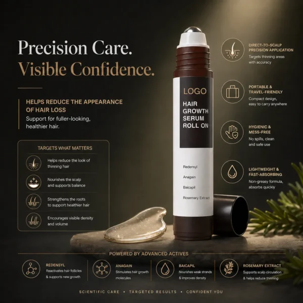 Hair Growth Serum Roll-On with Redensyl Anagain Baicapil & Rosemary Extract – OEM/ODM Custom Formula