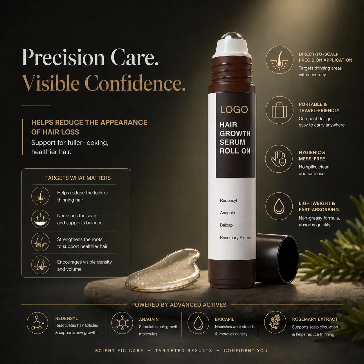Hair Growth Serum Roll-On with Redensyl Anagain Baicapil & Rosemary Extract – OEM/ODM Custom Formula