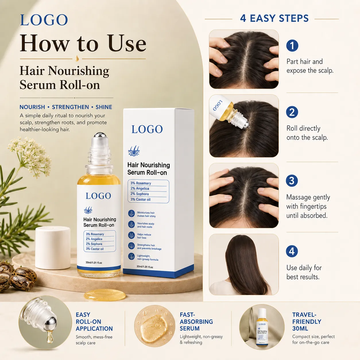 Rosemary Castor Oil Hair Nourishing Serum Roll-On for Scalp & Root Care – OEM/ODM Custom Formula