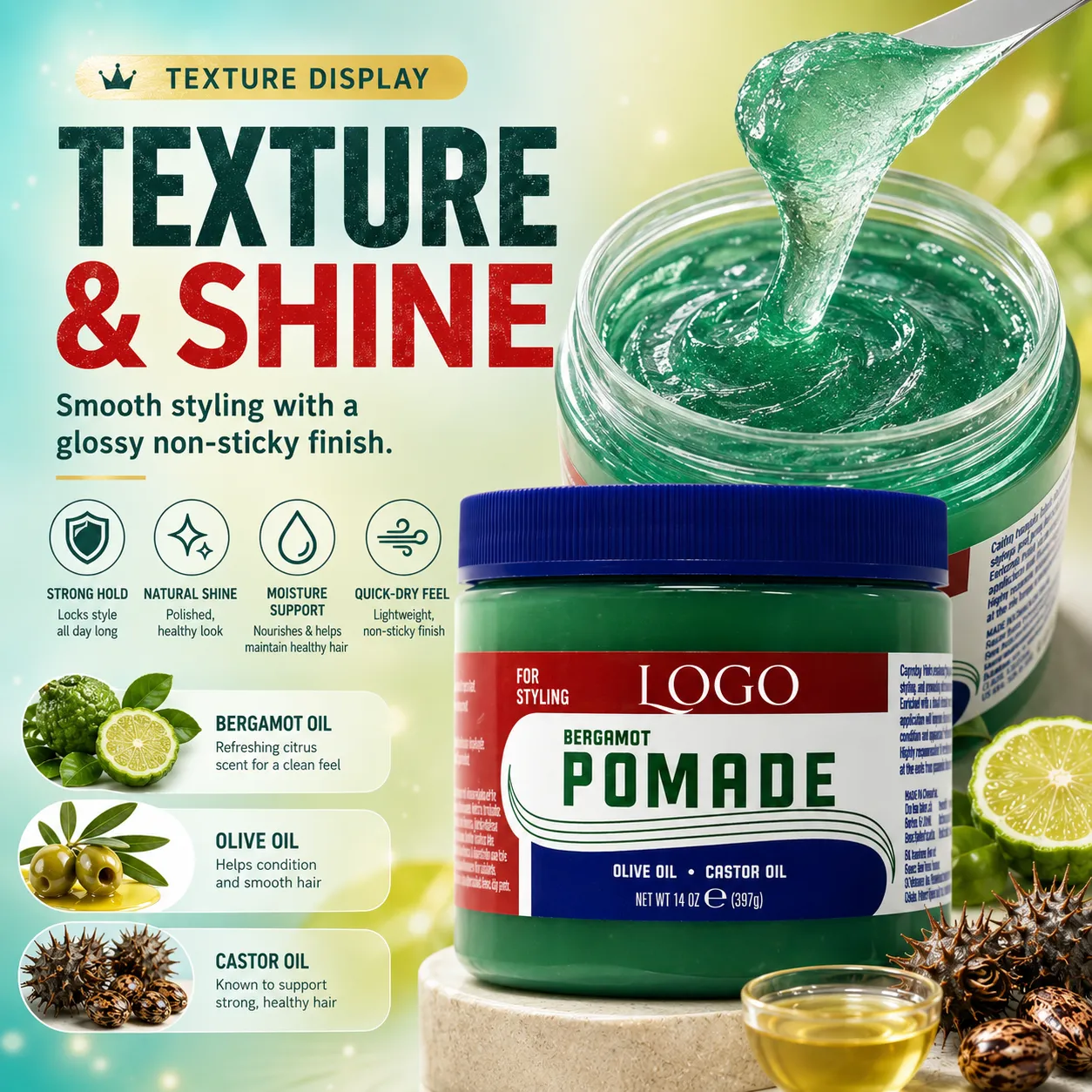 Bergamot Pomade Hair Styling Gel for Strong Hold Frizz Control & Shine – OEM/ODM Custom Formula