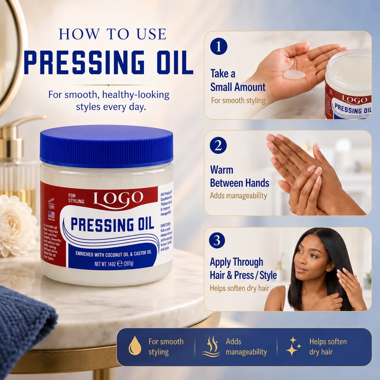 Coconut & Castor Oil Pressing Oil Hair Styling Cream for Smooth Sleek Shine – OEM/ODM Custom Formula