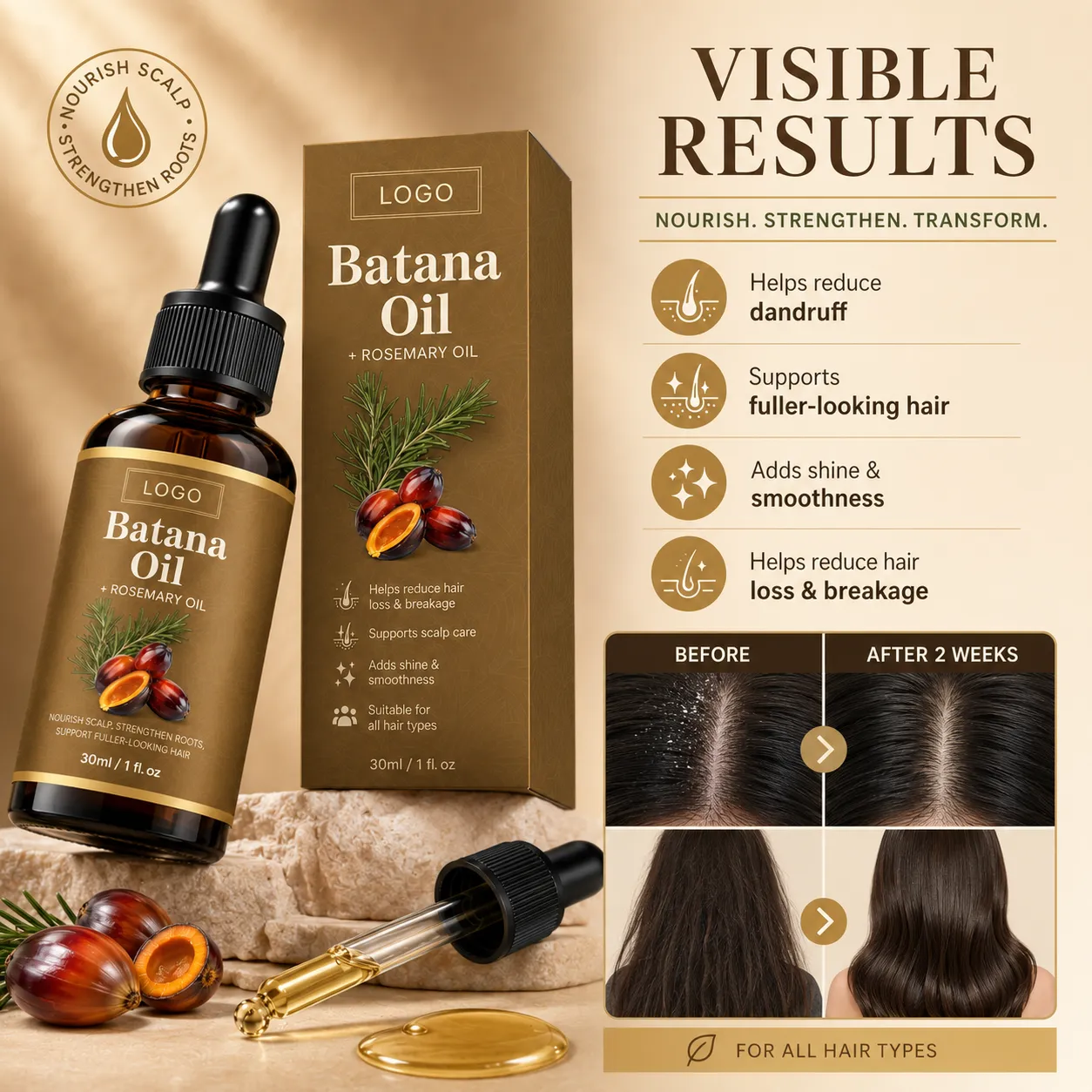 Private Label Batana Rosemary Oil for Scalp Care & Hair Growth Support – 30ml / 1 fl oz