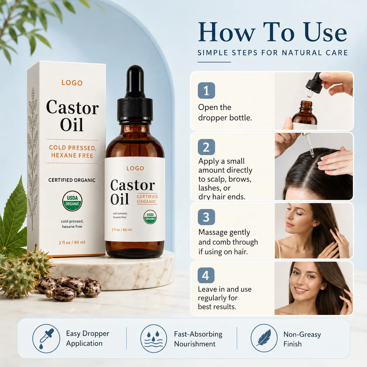 Private Label Organic Castor Oil for Hair Brows Lashes and Skin 60ml
