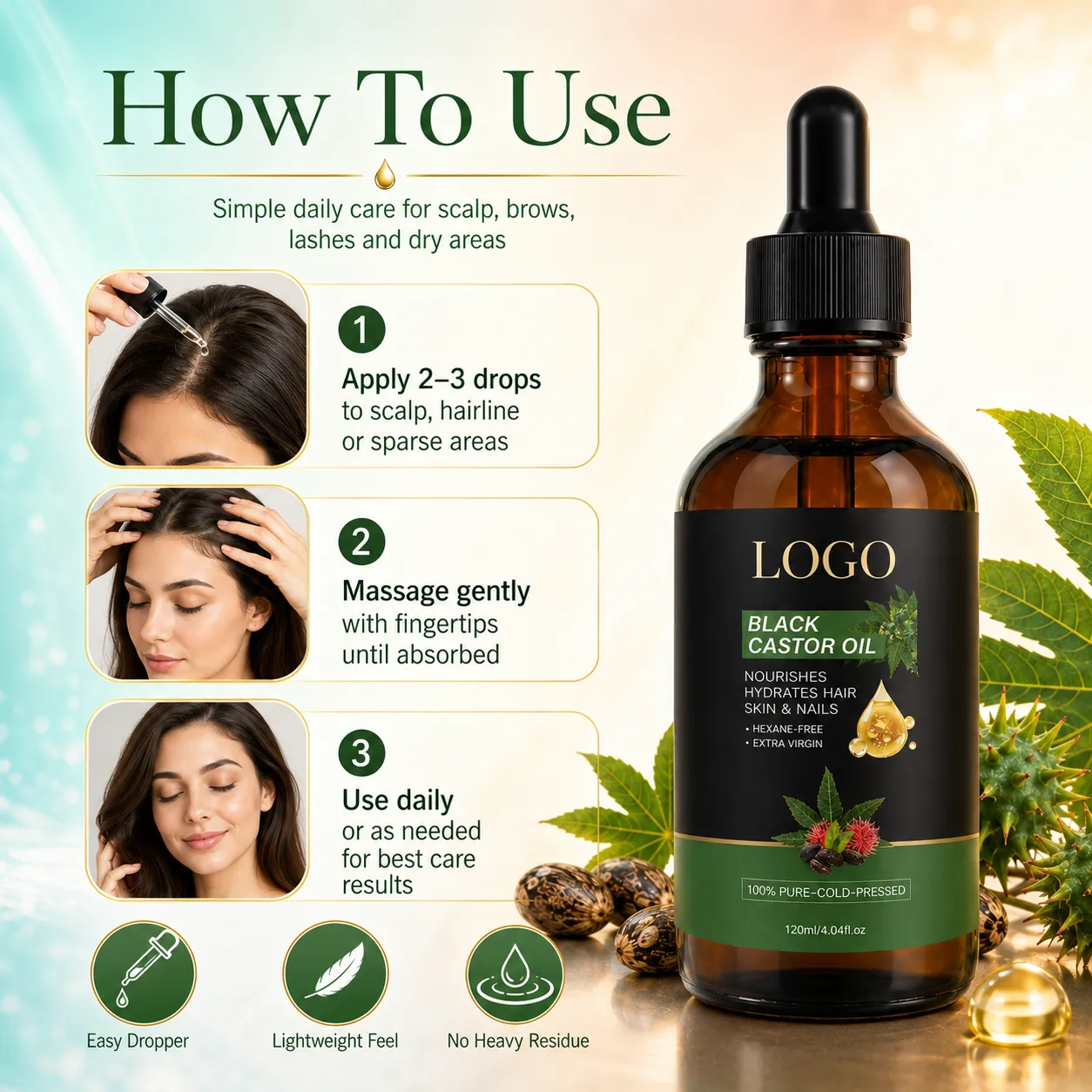 Private Label Black Castor Oil for Hair Scalp Skin Brows Lashes and Nails 120ml