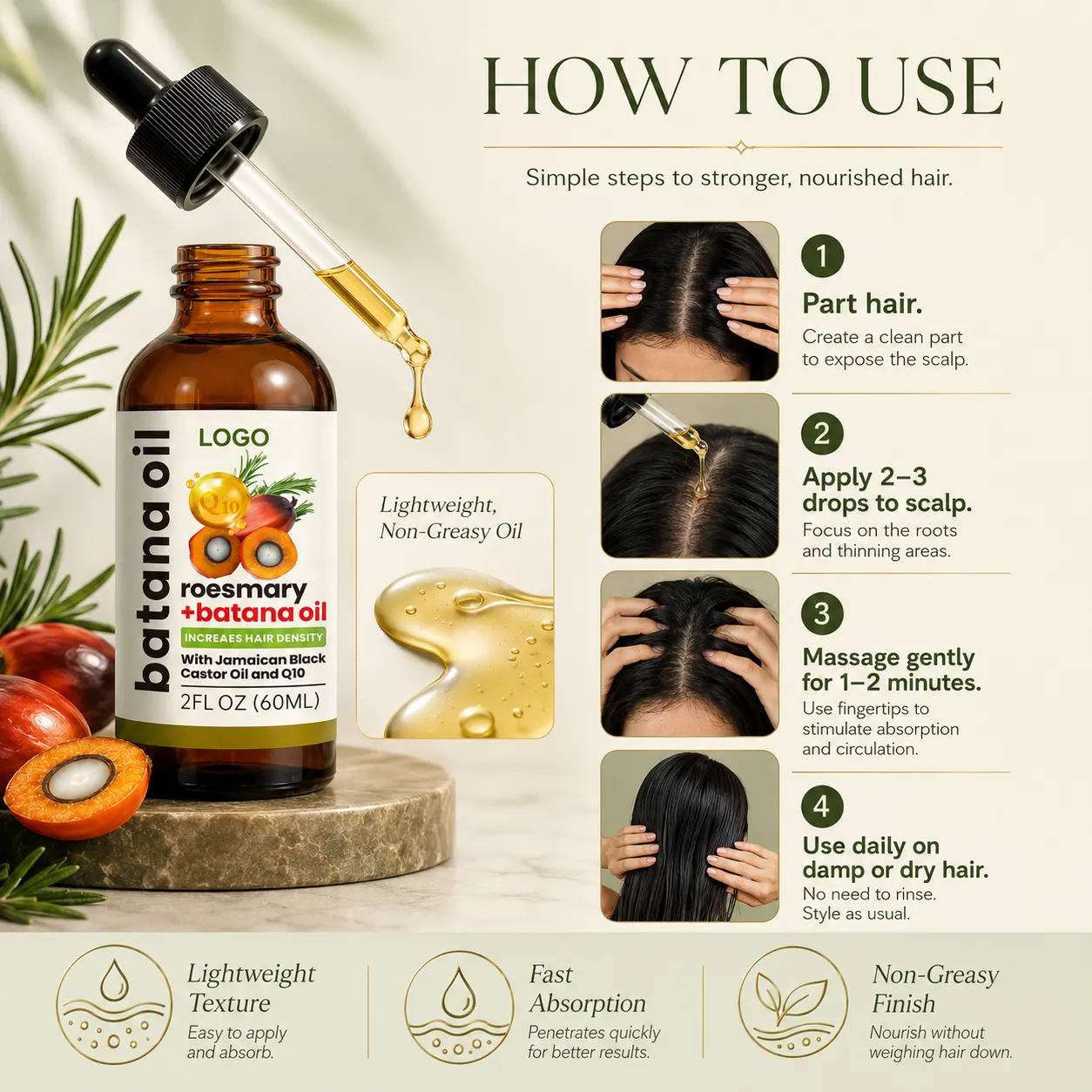 Private Label Rosemary Batana Hair Oil with Jamaican Black Castor Oil and Q10 60ml for Scalp Nourishing Care