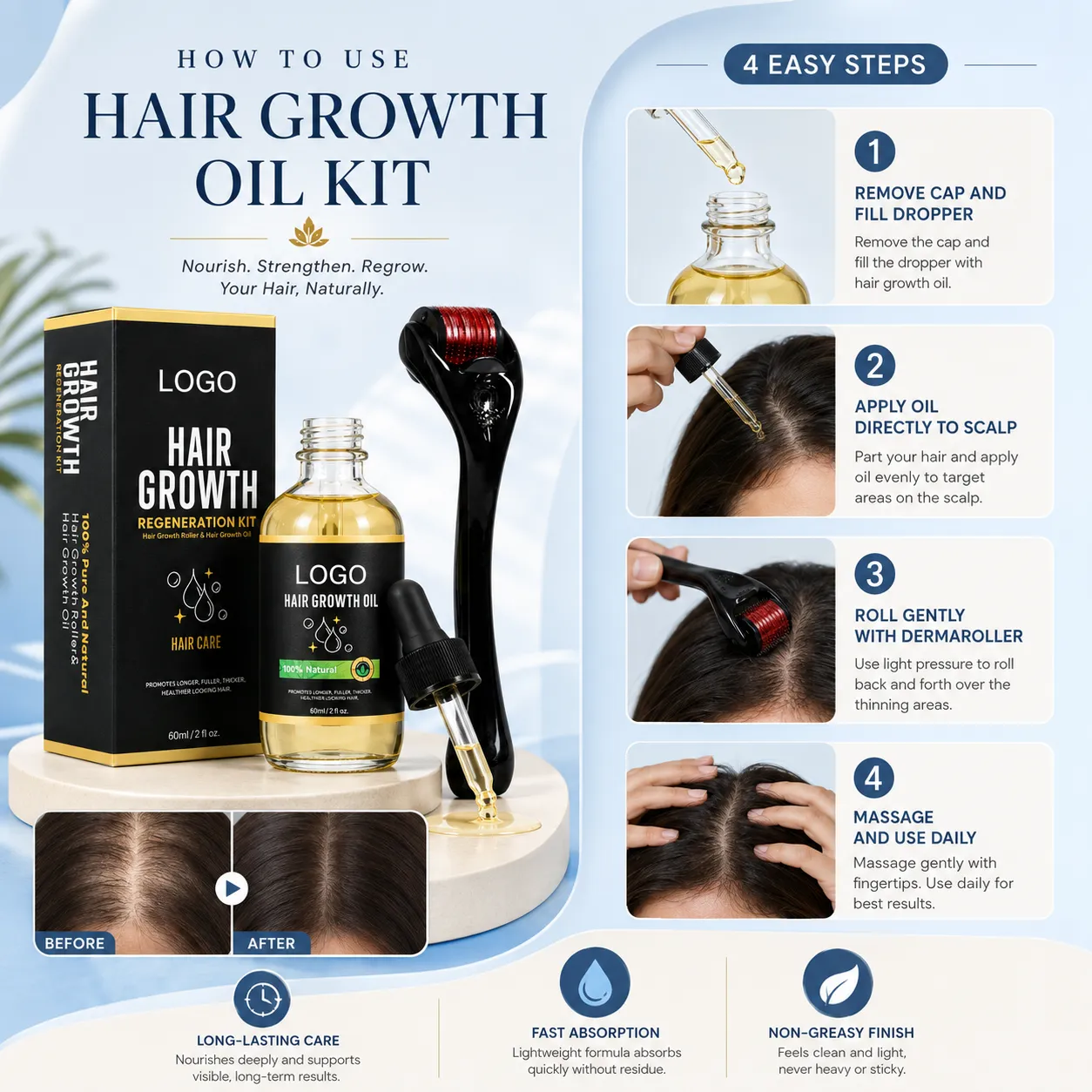Private Label Hair Growth Oil Kit with Dermaroller 60ml Botanical Scalp Oil Set for Fuller-Looking Hair