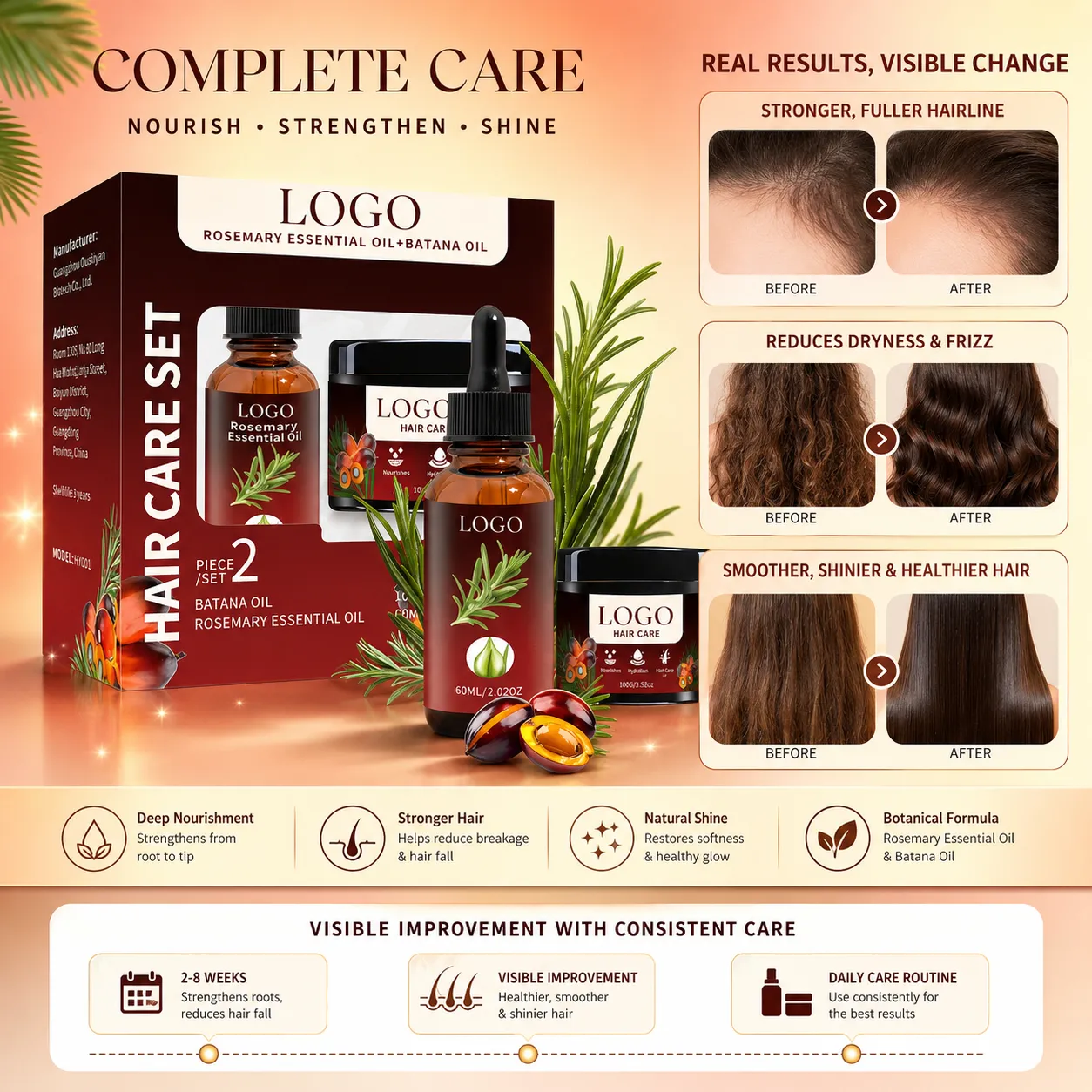 Private Label Rosemary Batana Hair Care Set 60ml Essential Oil and 100g Cream for Scalp Nourishing Hair Growth Care